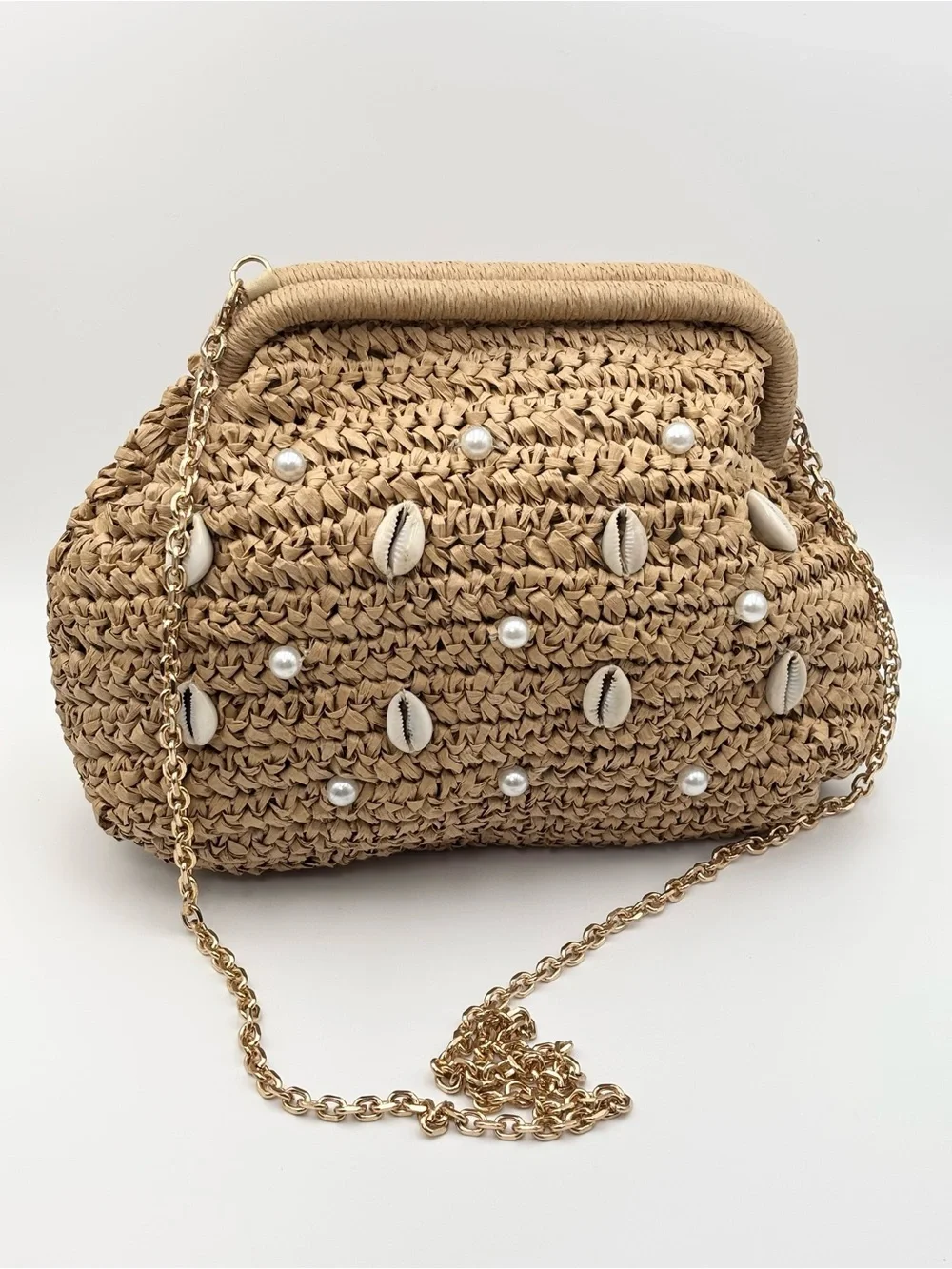 Straw Shell Embellished Crossbody Bag - Natural - Picture 2 of 12